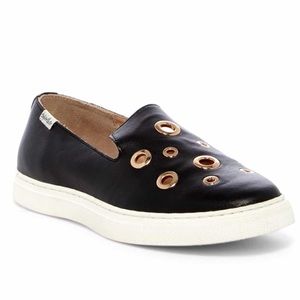 Black Leather with gold hardware slip in sneakers